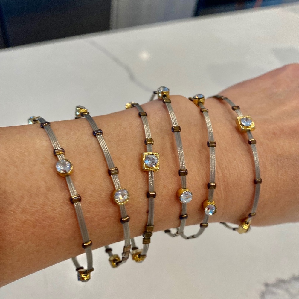 Stackable bracelets (6 ) light weight, flexible 24k plate Seasonal whispers nyc